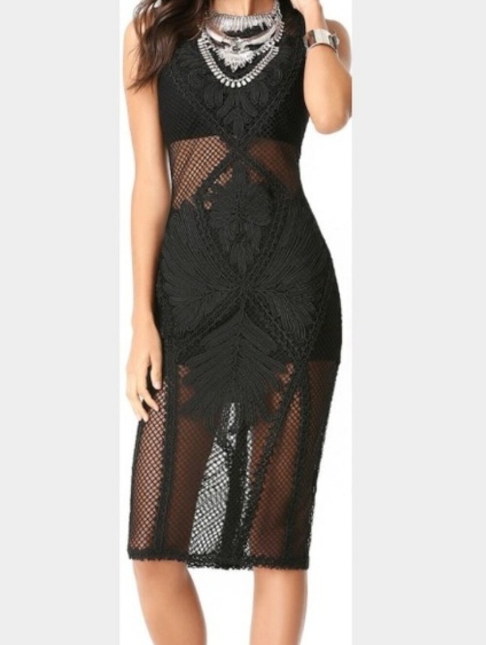 bebe Black Crochet Midi Sheath Dress